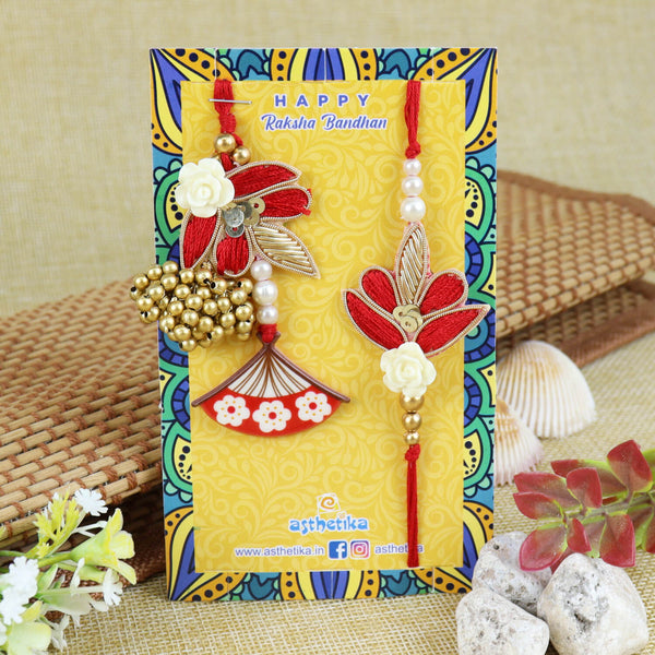 Floral Butti Bhaiya Bhabhi Rakhi Pair with Moti Tassels