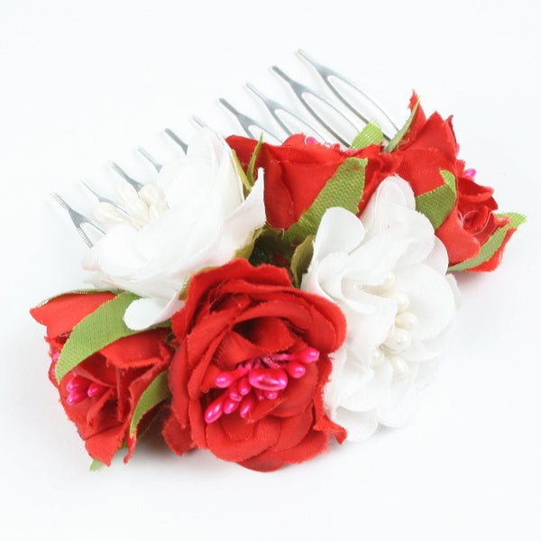 Red White Floral Hair Comb Accessory