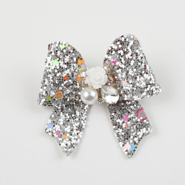 Floral Charm on Glitter Bow Hairclip - Silver