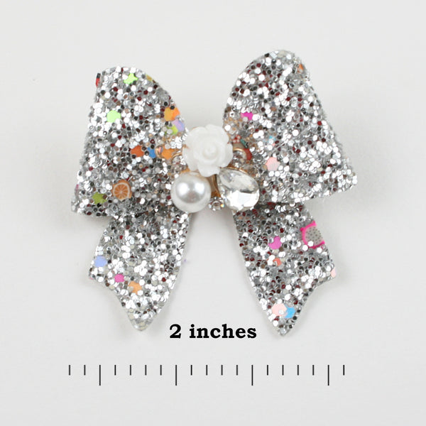 Floral Charm on Glitter Bow Hairclip - Silver