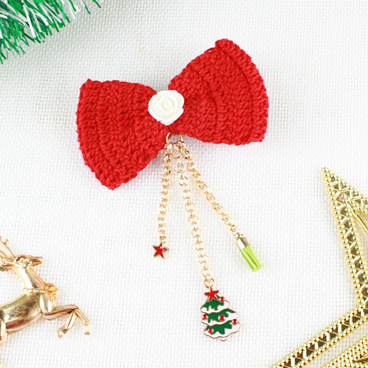 Knitted Red Bow Xmas Tree Charm Hair Clip