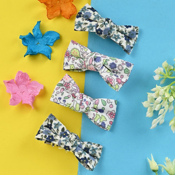  Floral Bow Hair Clips [Set of 4] - Blue & White