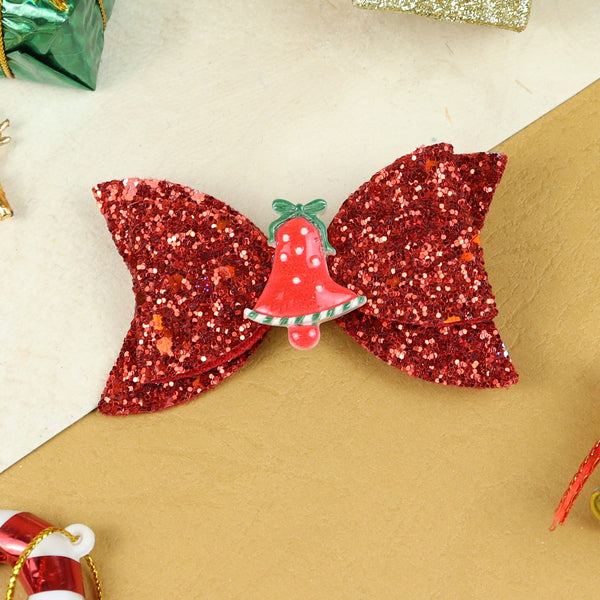Christmas Bell Glitter Bow Hair Clip Red