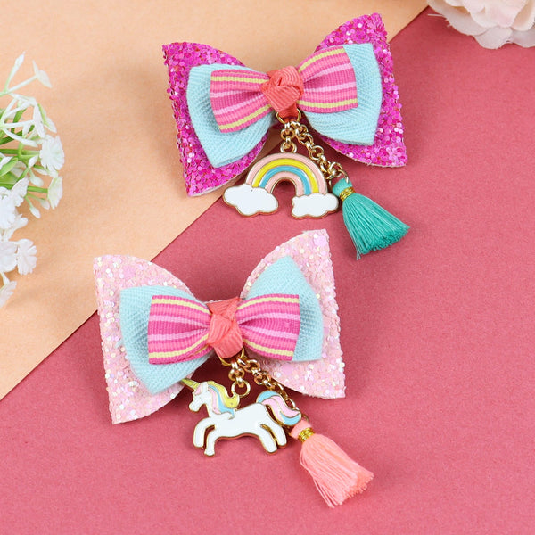 Unicorn Charm Bow Hair Clips - Set of 2 - Pink