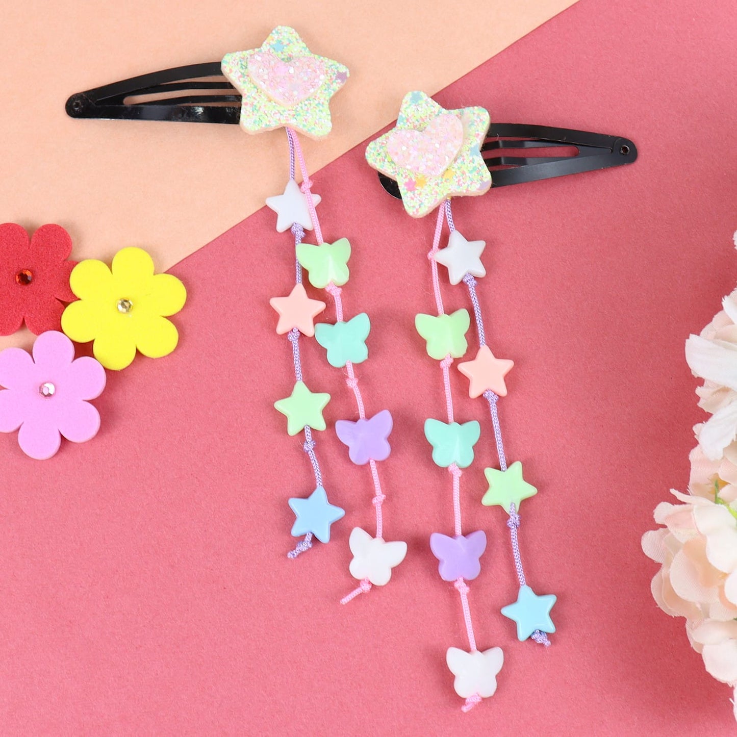 Glitter Star Beaded Tassels Tic Tac Hair Clips - Set of 2 - Pink Purple Green