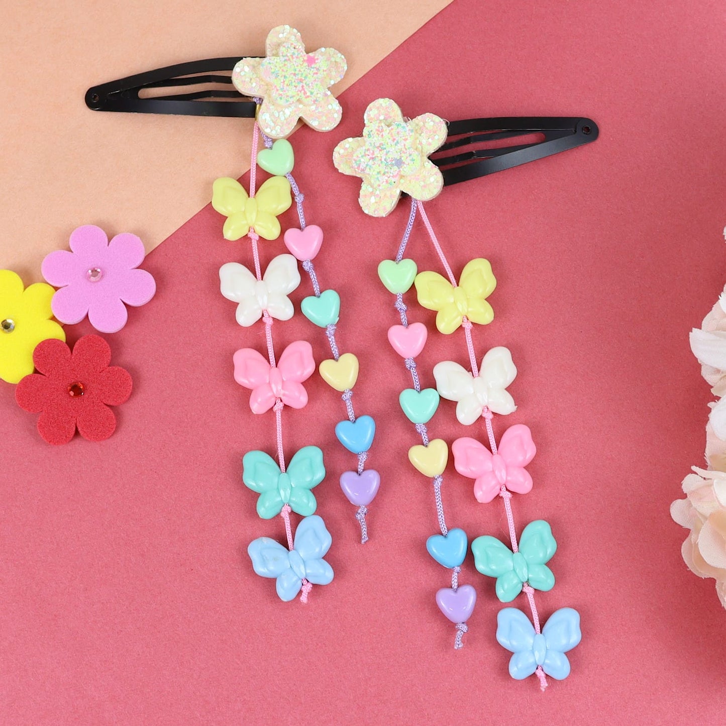 Glitter Star Butterfly Beaded Tassels Tic Tac Hair Clips - Set of 2 - Pink Purple Blue Yellow