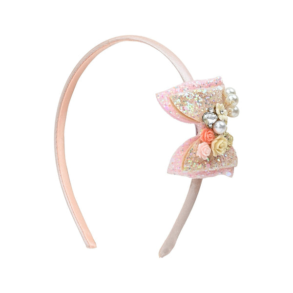 Floral Charms Glitter Bow Hair Band - Peach
