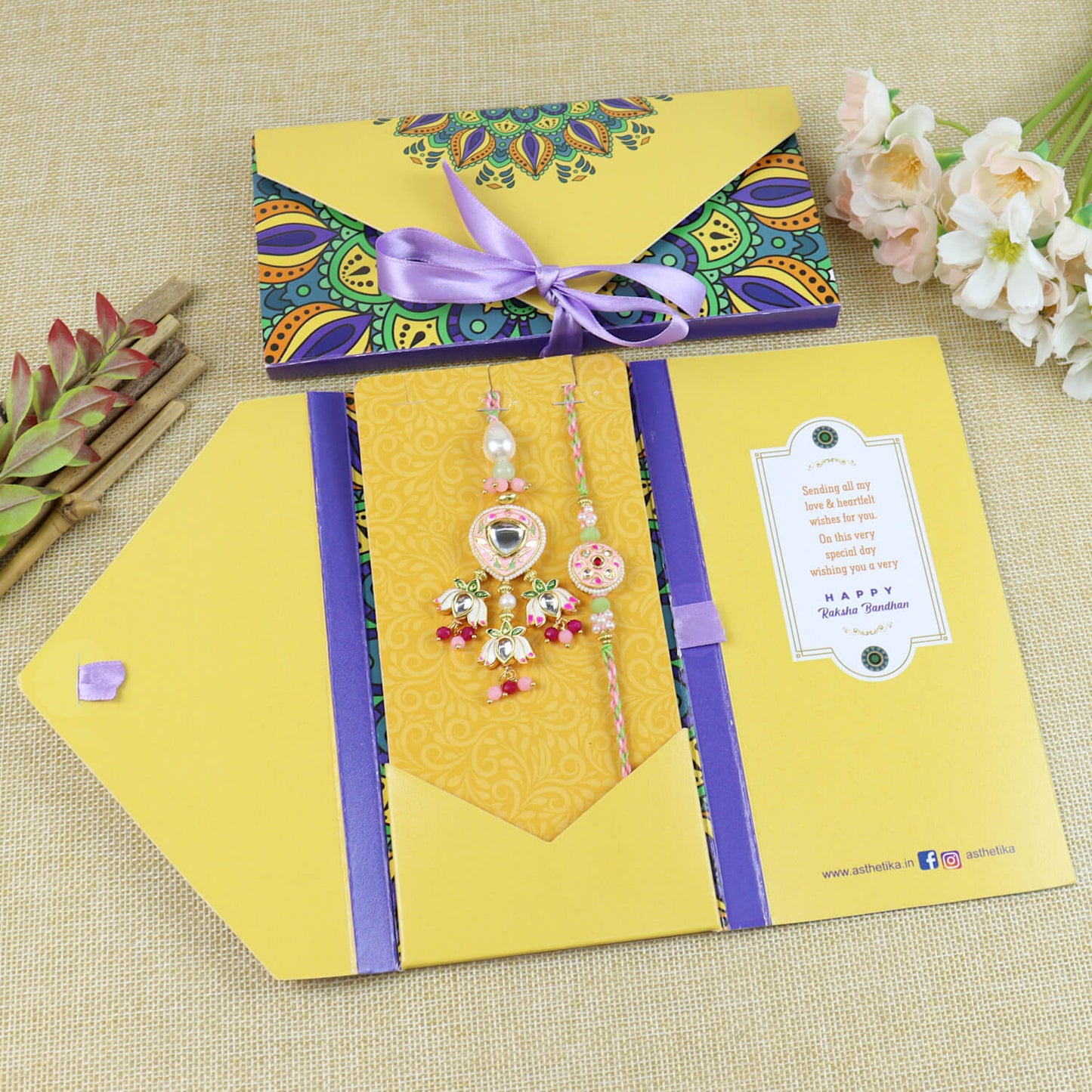 Meenakarai Kundan Stone Bhaiya Bhabhi Rakhi Set in Fancy Raksha Bandhan Envelope