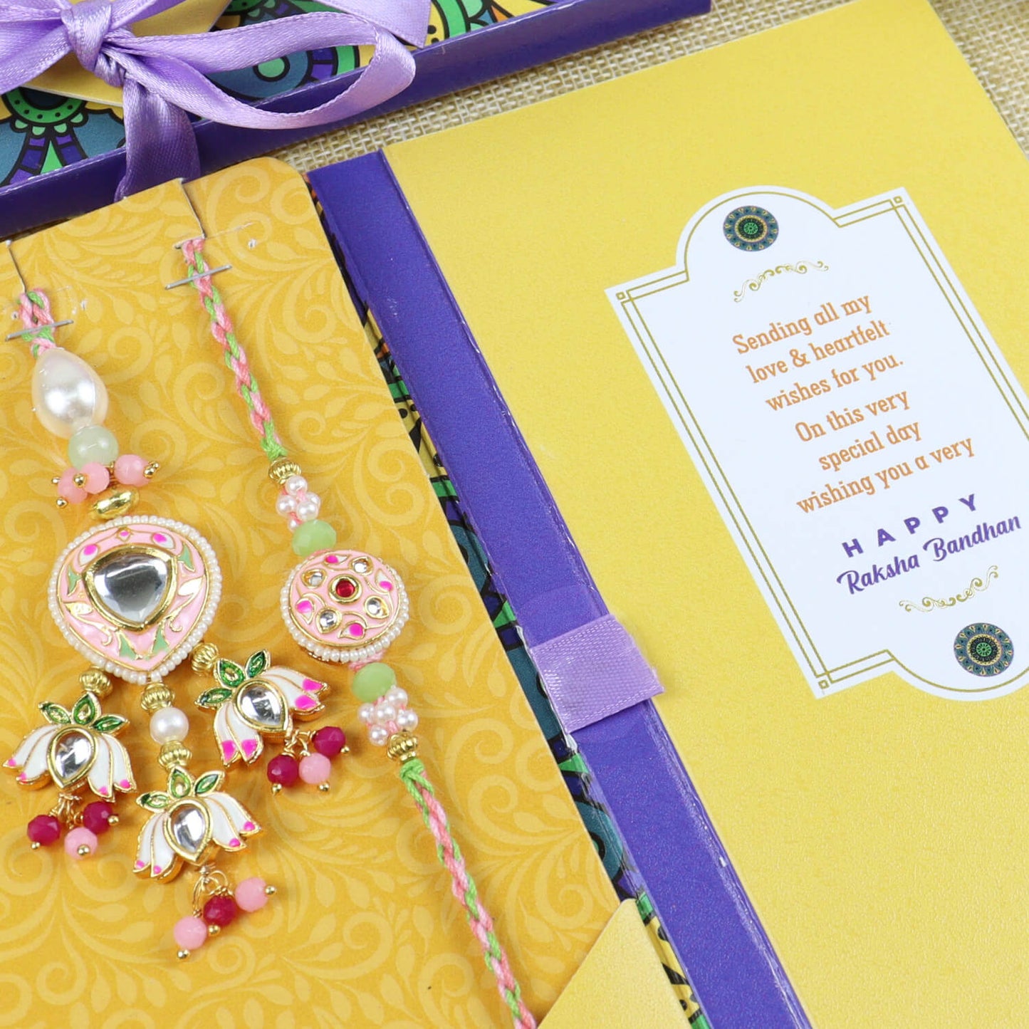 Meenakarai Kundan Stone Bhaiya Bhabhi Rakhi Set in Fancy Raksha Bandhan Envelope