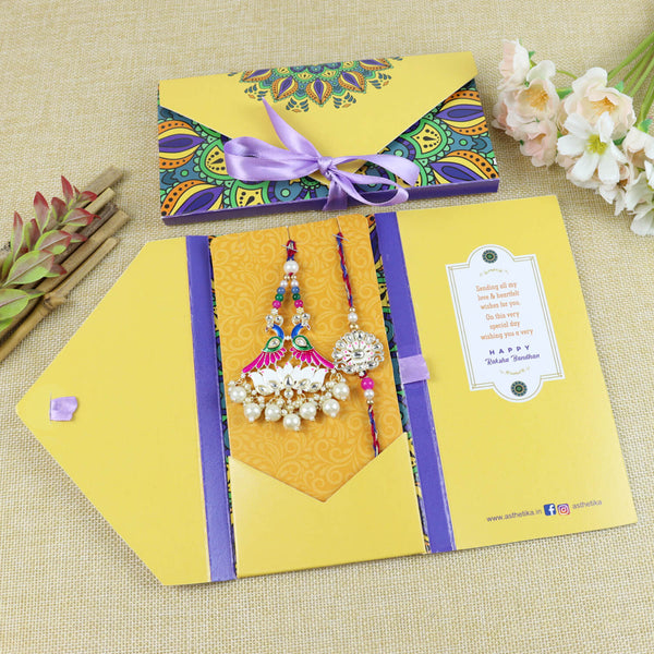Meenakarai Peacock Pendant Bhaiya Bhabhi Rakhi Set in Fancy Raksha Bandhan Envelope