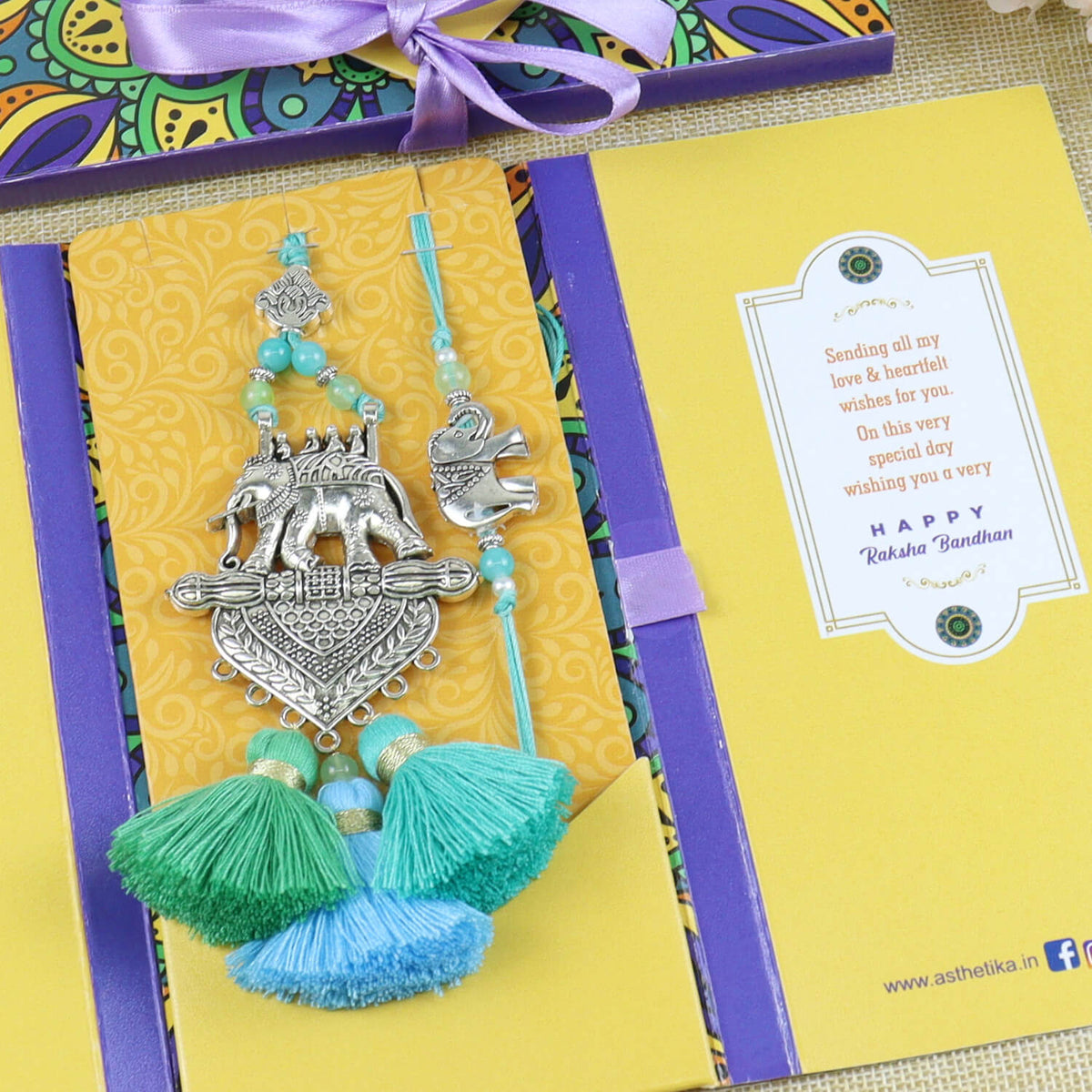 Oxidized Elephant Pendant Bhaiya Bhabhi Rakhi Set in Fancy Raksha Bandhan Envelope