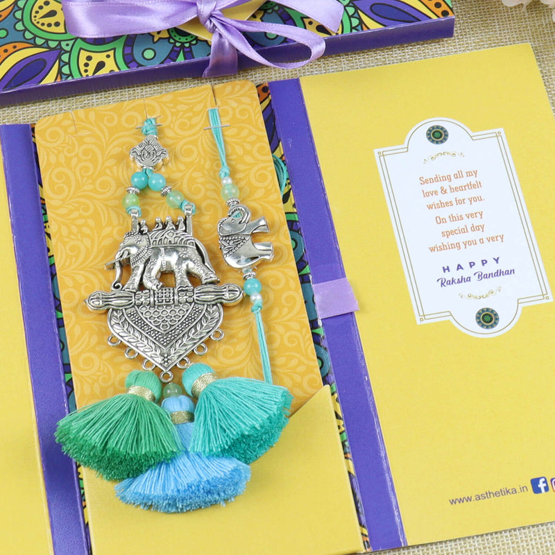 Oxidized Elephant Pendant Bhaiya Bhabhi Rakhi Set in Fancy Raksha Bandhan Envelope