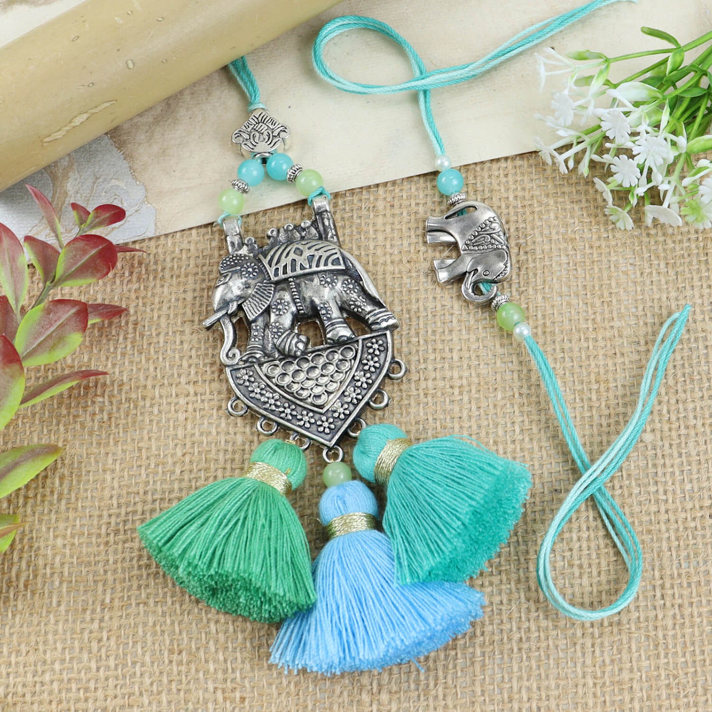 Oxidized Elephant Pendant Bhaiya Bhabhi Rakhi Set in Fancy Raksha Bandhan Envelope