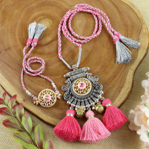 Oxidized Stone Necklace with Rakhi Bhaiya Bhabhi Rakhi Pair
