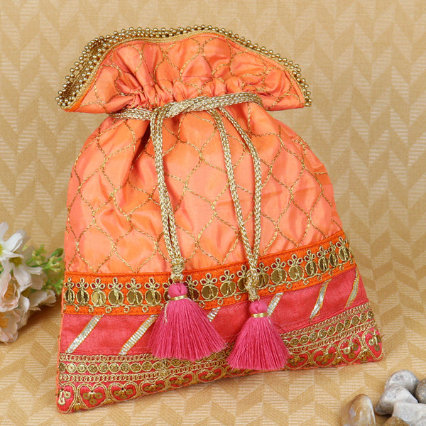Embroidered Lace Fabric Potli for Gifting - Orange