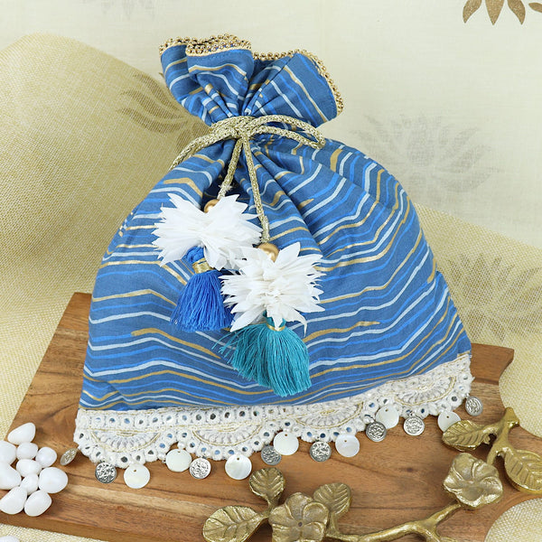 Fabric Potli Floral Tassels - Blue