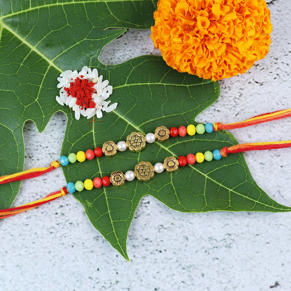 Golden Floral Bead Colourful Traditional Rakhis - Set of 2