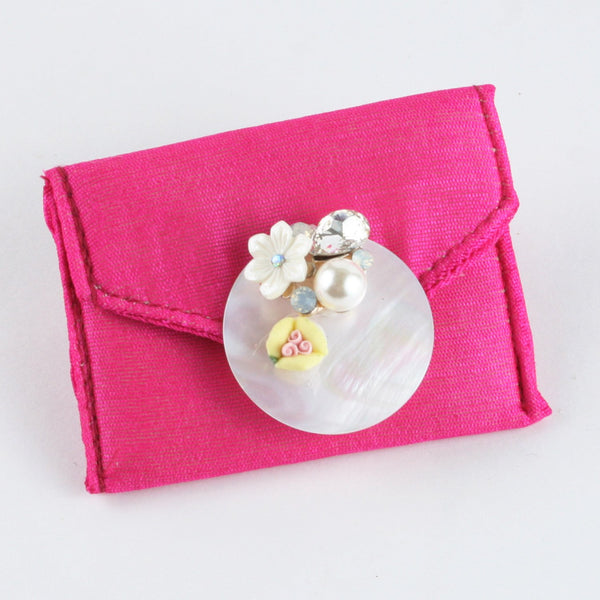 Pink Fabric Coin Pouch with Florals on Shell Plate